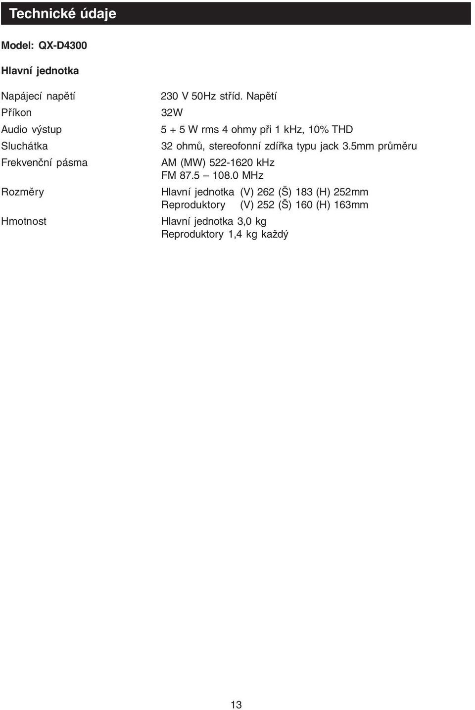 Napětí 32W 5 + 5 W rms 4 ohmy při 1 khz, 10% THD 32 ohmů, stereofonní zdířka typu jack 3.