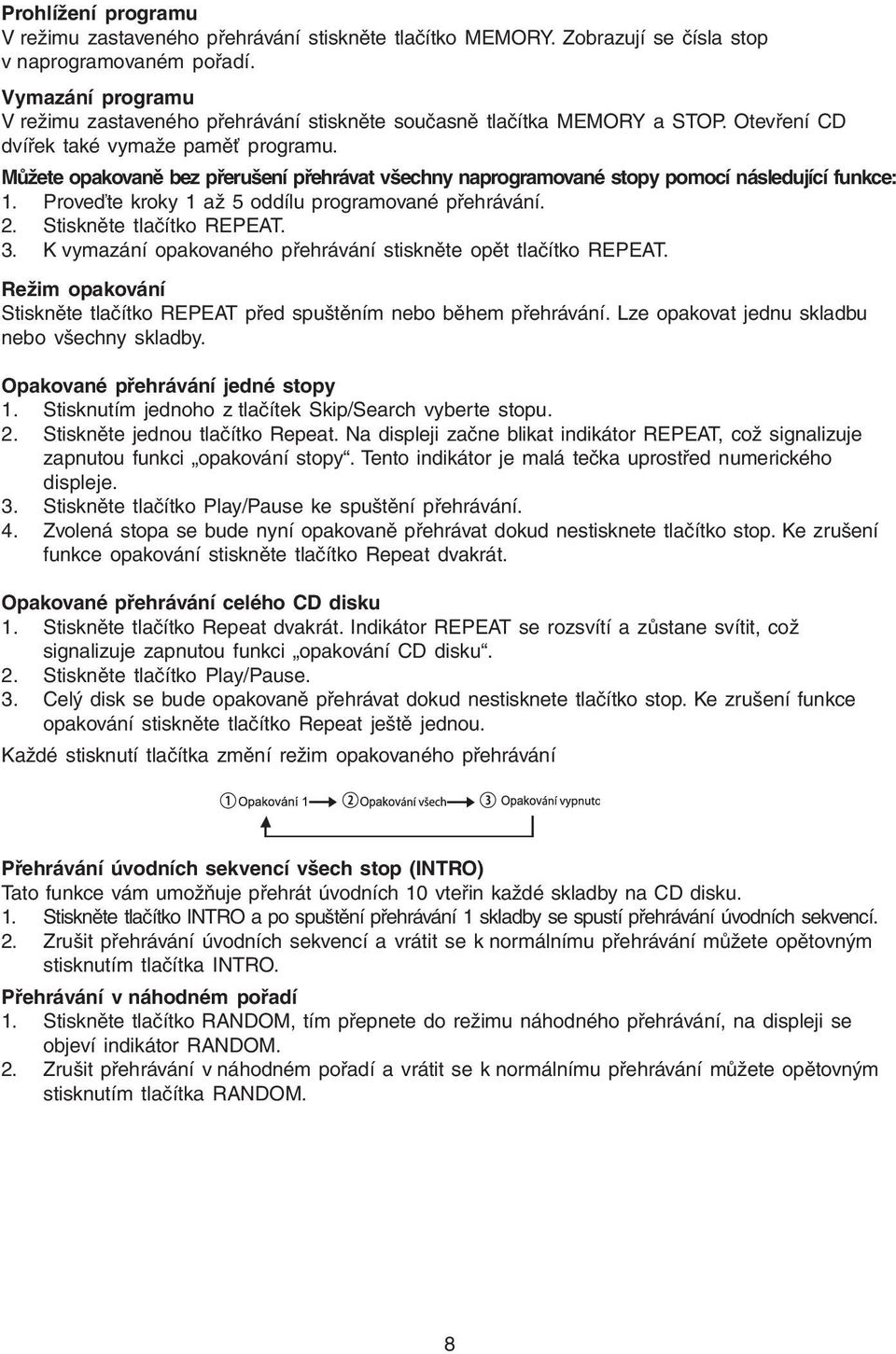 Můžete opakovaně bez přerušení přehrávat všechny naprogramované stopy pomocí následující funkce: 1. Proveďte kroky 1 až 5 oddílu programované přehrávání. 2. Stiskněte tlačítko REPEAT. 3.