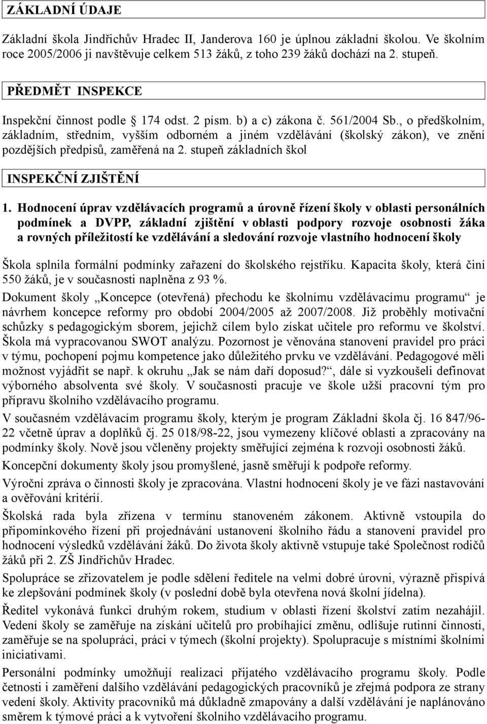 , o předškolním, základním, středním, vyšším odborném a jiném vzdělávání (školský zákon), ve znění pozdějších předpisů, zaměřená na 2. stupeň základních škol INSPEKČNÍ ZJIŠTĚNÍ 1.