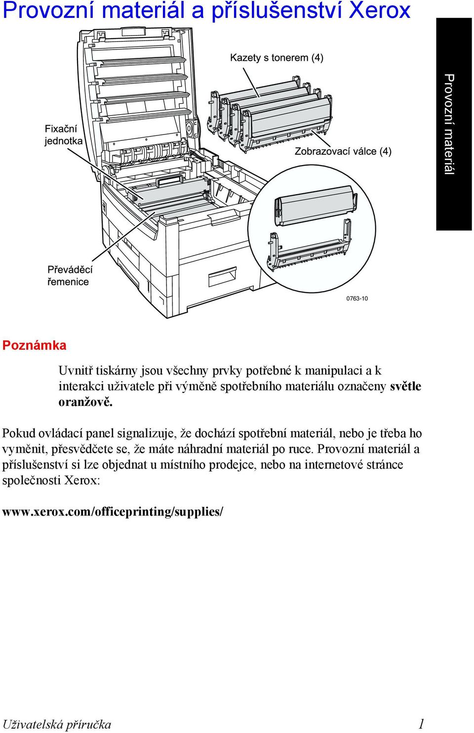 Pokud ovládací panel signalizuje, že dochází spotřební materiál, nebo je třeba ho vyměnit, přesvědčete se, že máte náhradní materiál