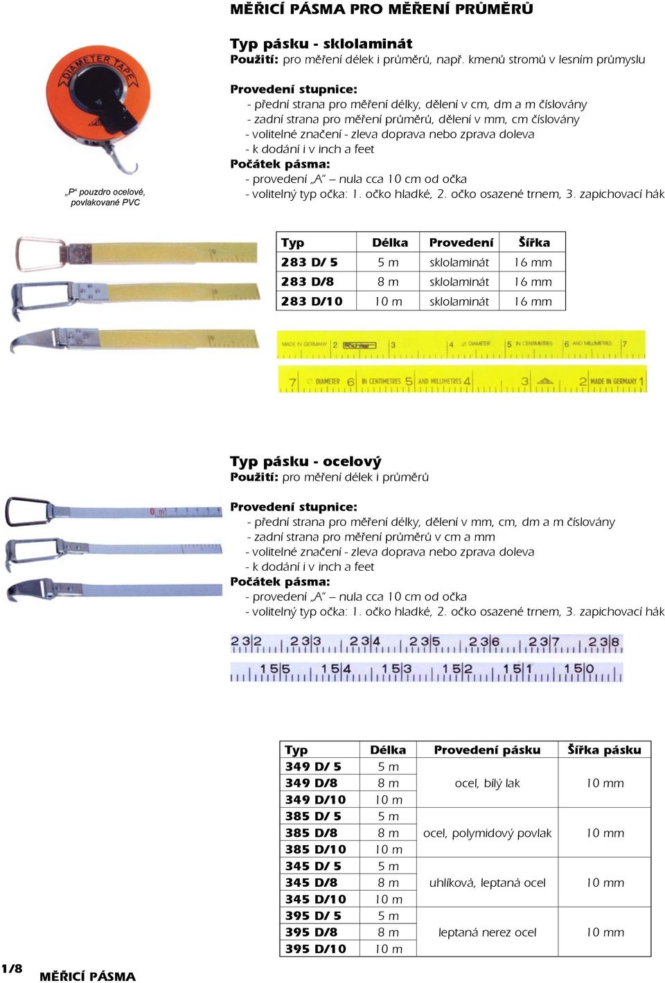 volitelné značení - zleva doprava nebo zprava doleva - k dodání i v inch a feet Počátek pásma: - provedení A nula cca 10 od očka - volitelný typ očka: 1. očko hladké, 2. očko osazené trnem, 3.