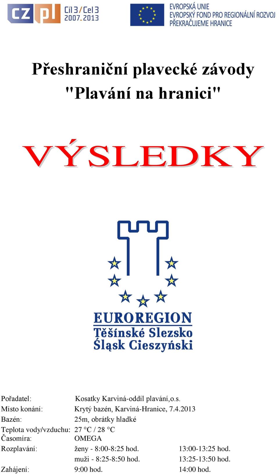 2013 Bazén: 25m, obrátky hladké Teplota vody/vzduchu: 27 C / 28 C Časomíra: OMEGA