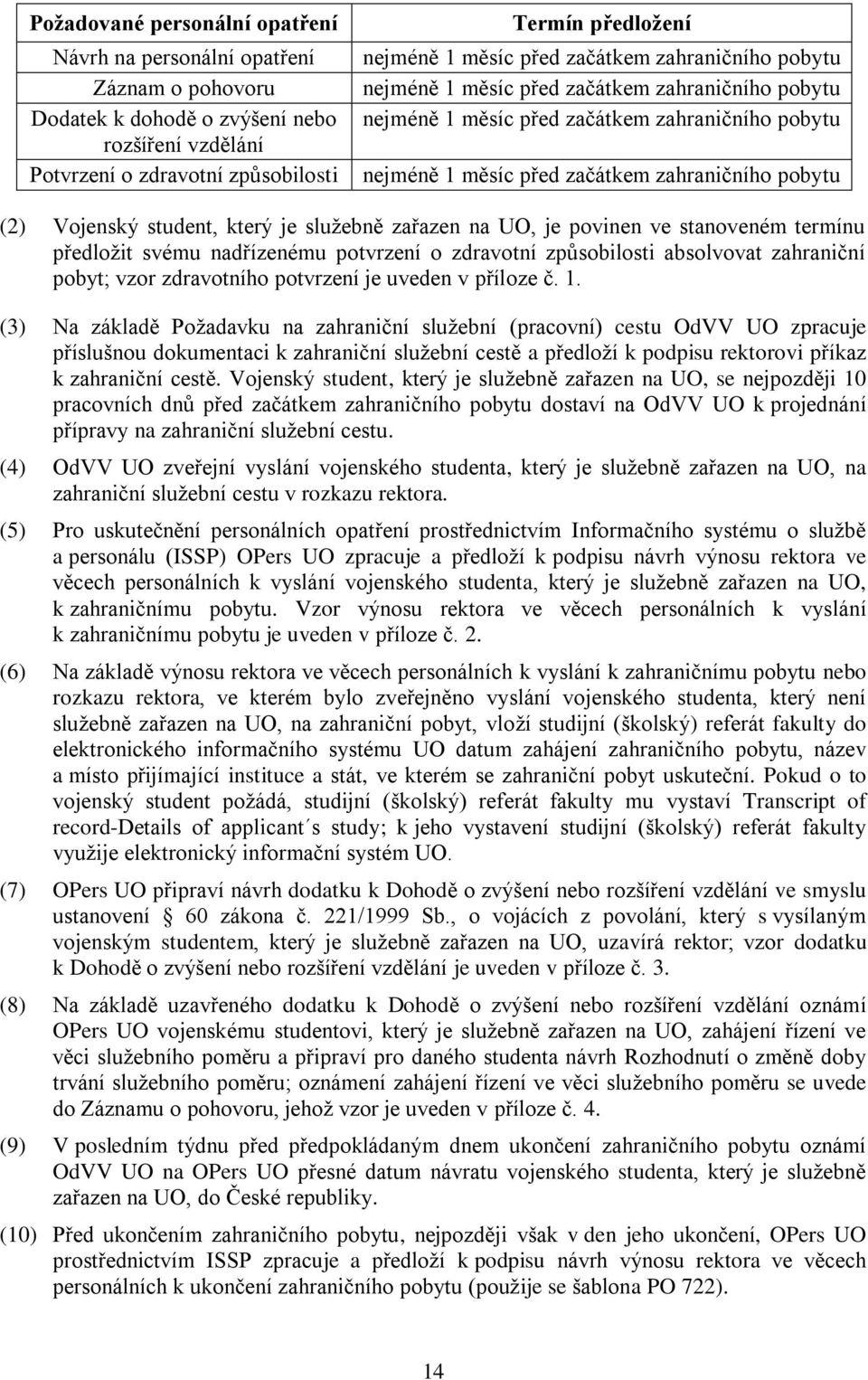 student, který je služebně zařazen na UO, je povinen ve stanoveném termínu předložit svému nadřízenému potvrzení o zdravotní způsobilosti absolvovat zahraniční pobyt; vzor zdravotního potvrzení je