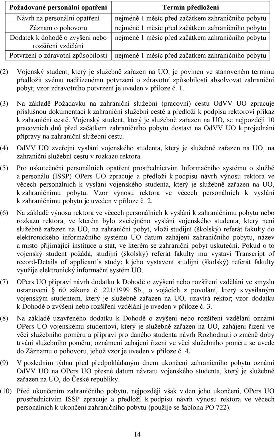 student, který je služebně zařazen na UO, je povinen ve stanoveném termínu předložit svému nadřízenému potvrzení o zdravotní způsobilosti absolvovat zahraniční pobyt; vzor zdravotního potvrzení je