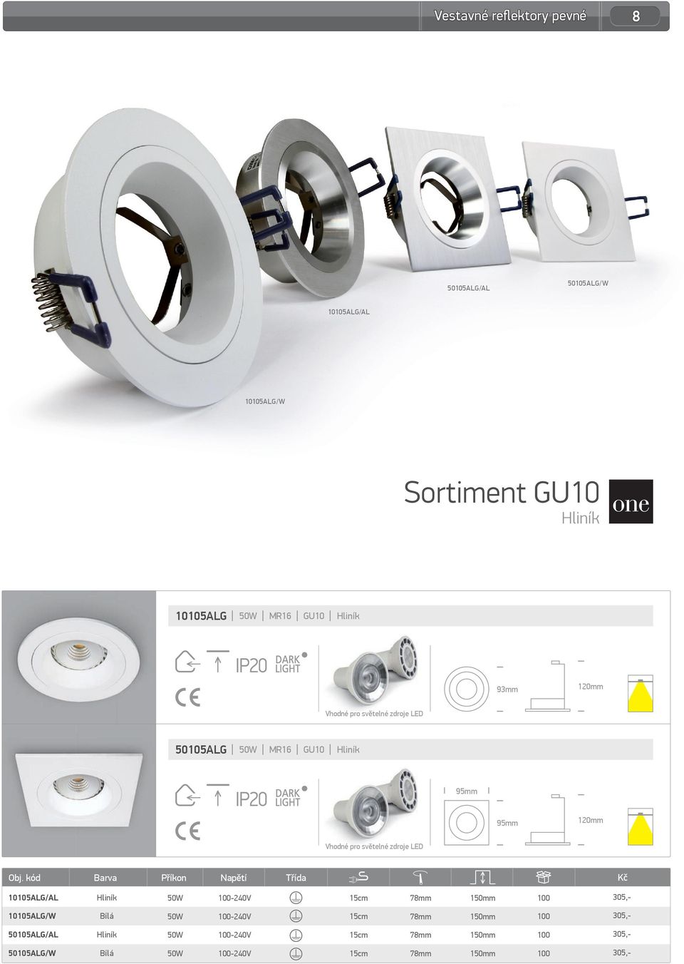 MR16 GU10 95mm 95mm 10105ALG/AL -240V 1mm 305,- 10105ALG/W