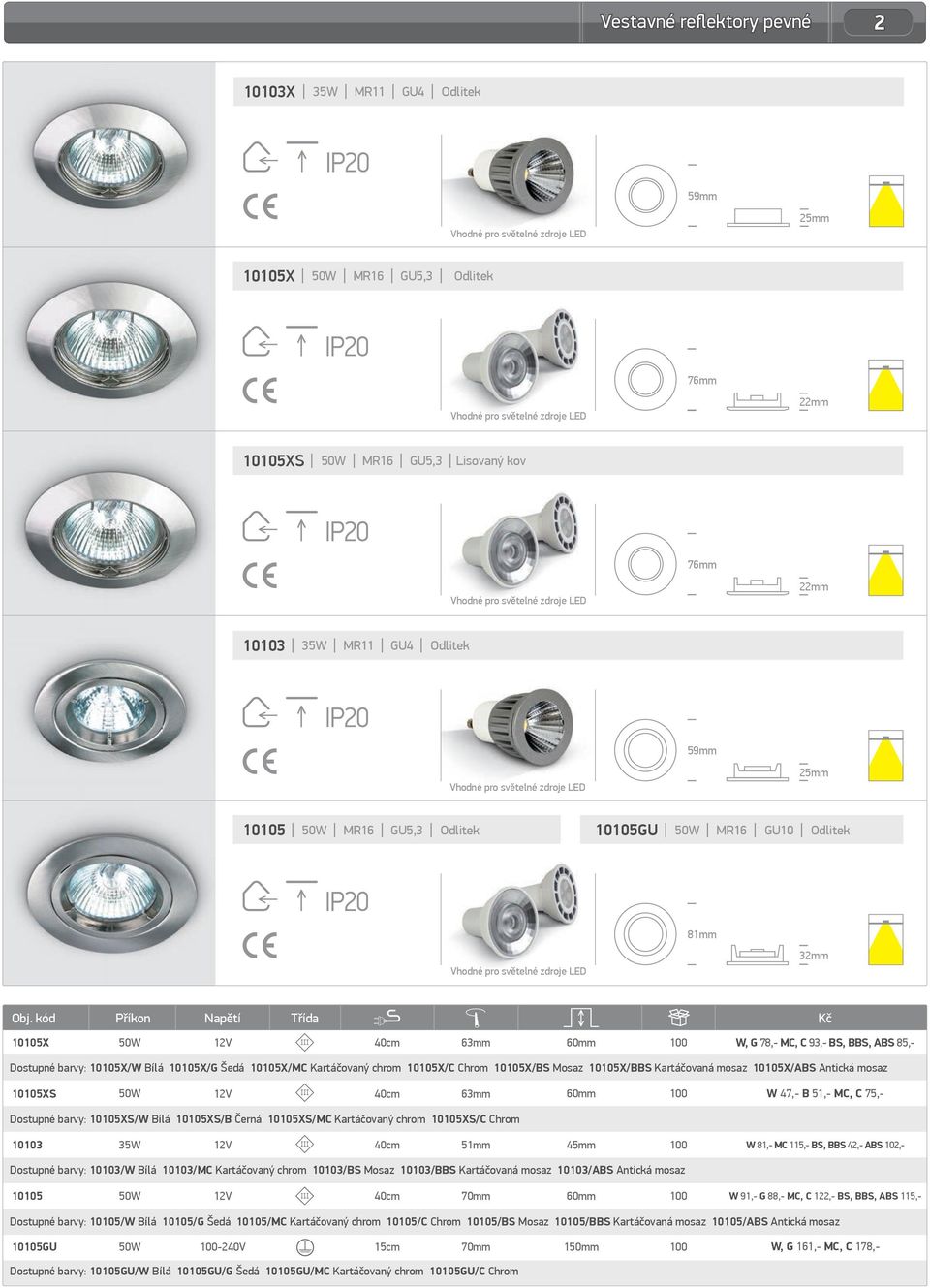 kód Příkon Napětí Třída 10105X 63mm W, G 78,- MC, C 93,- BS, BBS, ABS 85,- Dostupné barvy: 10105X/W 10105X/G Šedá 10105X/MC 10105X/C Chrom 10105X/BS Mosaz 10105X/BBS Kartáčovaná mosaz 10105X/ABS