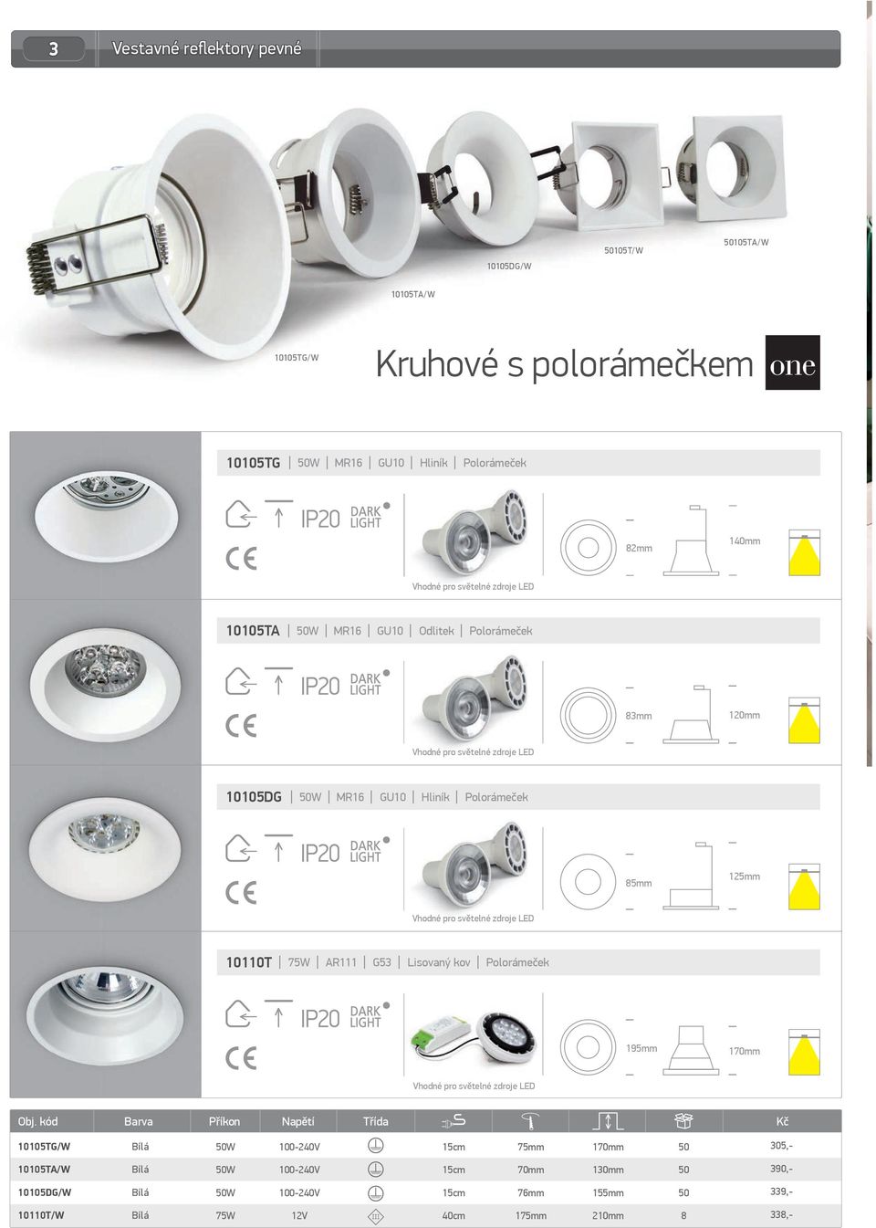 GU10 Polorámeček 85mm 125mm 10110T 75W AR111 G53 Lisovaný kov Polorámeček 195mm 1 10105TG/W -240V