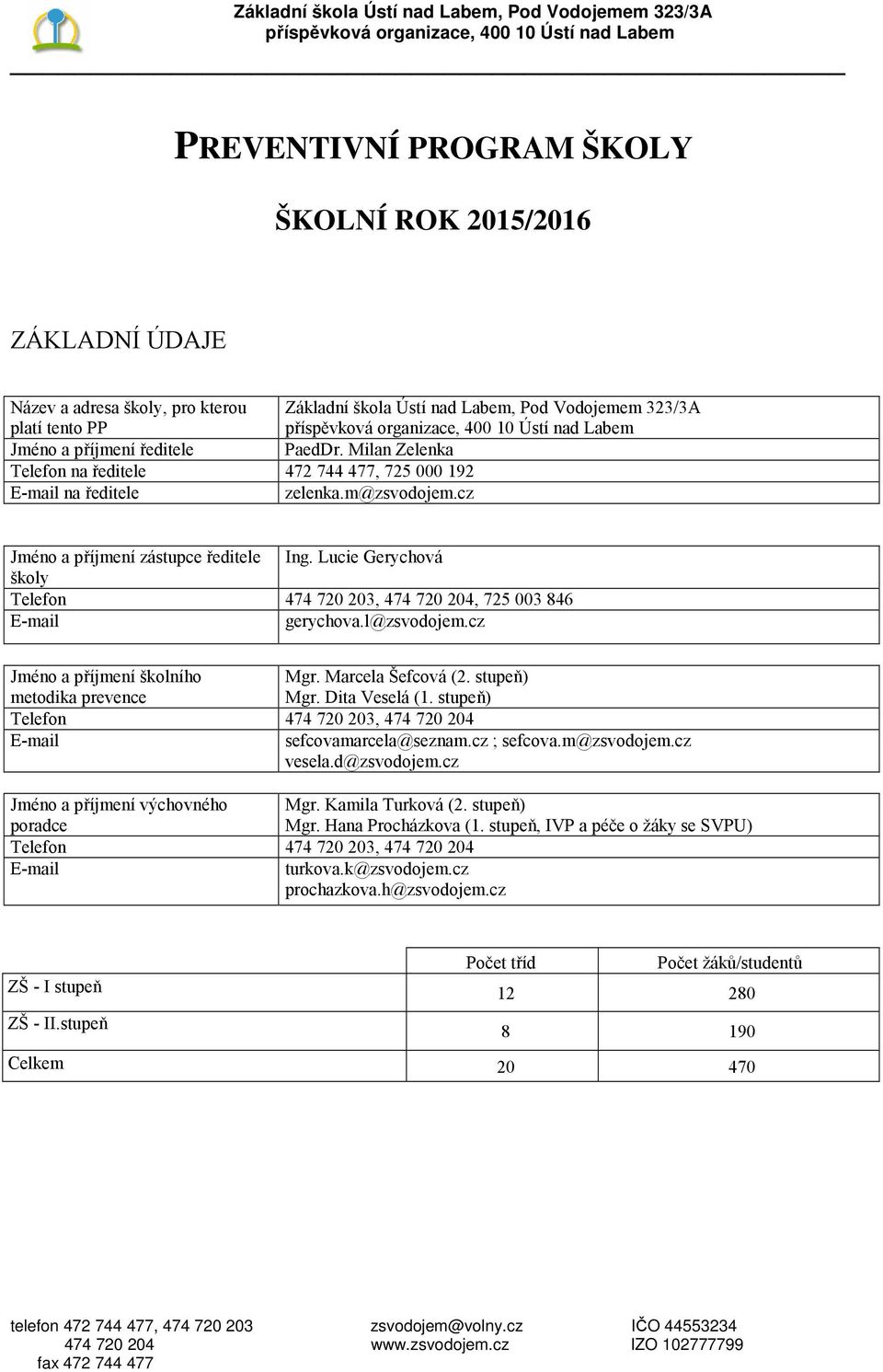 Milan Zelenka Telefon na ředitele 472 744 477, 725 000 192 E-mail na ředitele zelenka.m@zsvodojem.cz Jméno a příjmení zástupce ředitele Ing.