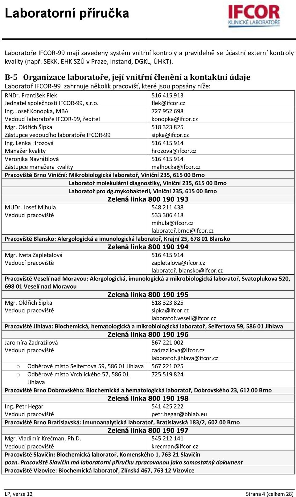 cz Ing. Josef Konopka, MBA Vedoucí laboratoře IFCOR-99, ředitel 727 952 698 konopka@ifcor.cz Mgr. Oldřich Šipka Zástupce vedoucího laboratoře IFCOR-99 518 323 825 sipka@ifcor.cz Ing. Lenka Hrozová Manažer kvality 516 415 914 hrozova@ifcor.