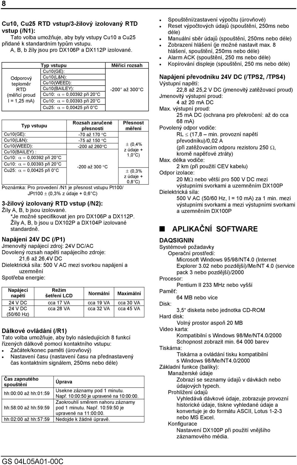 až 300 C Rozsah zaručené Přesnost Typ vstupu přesnosti měření Cu10(GE): -70 až 170 C Cu10(L&N): -75 až 150 C Cu10(WEED): -200 až 260 C ± (0,4% Cu10(BAILEY) : z údaje + 1,0 C) Cu10: α=0,00392 při 20 C