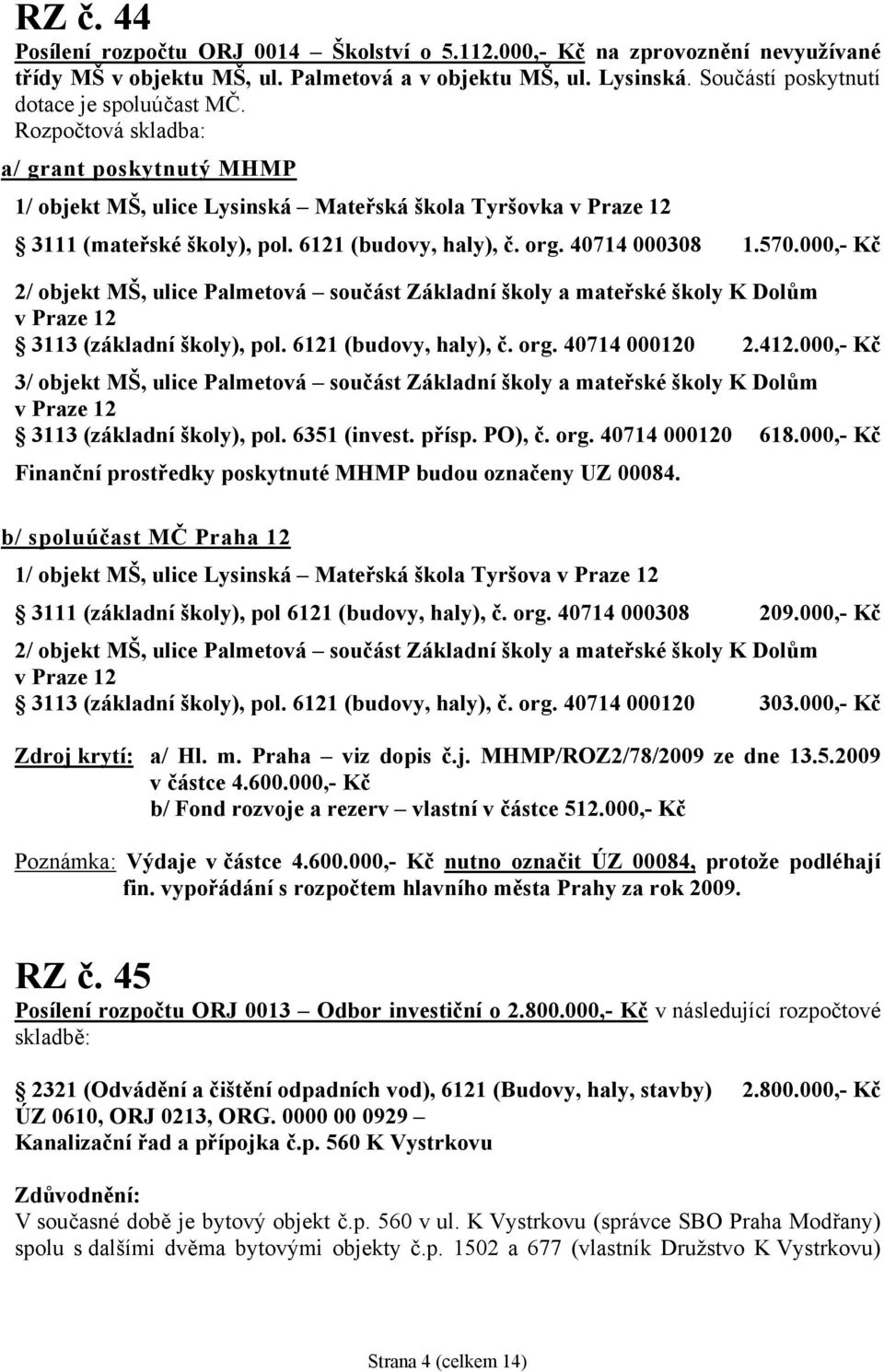 000,- Kč 2/ objekt MŠ, ulice Palmetová součást Základní školy a mateřské školy K Dolům v Praze 12 3113 (základní školy), pol. 6121 (budovy, haly), č. org. 40714 000120 2.412.