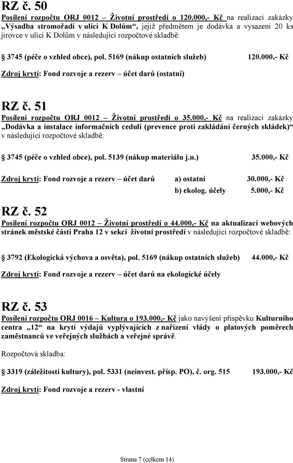 5169 (nákup ostatních služeb) 120.000,- Kč Zdroj krytí: Fond rozvoje a rezerv účet darů (ostatní) RZ č. 51 Posílení rozpočtu ORJ 0012 Životní prostředí o 35.