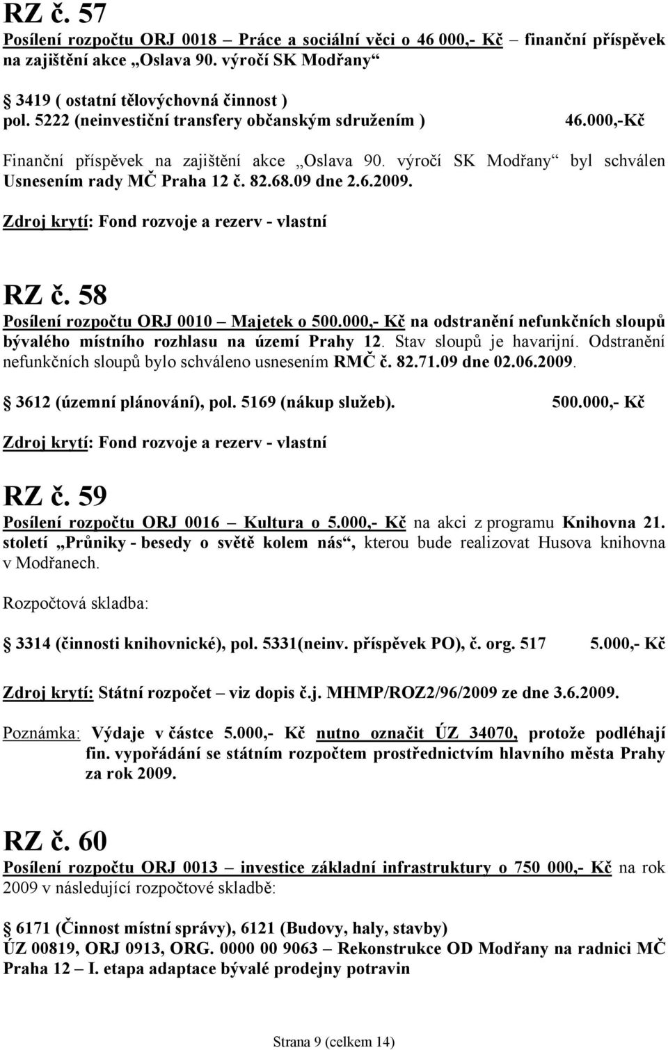 Zdroj krytí: Fond rozvoje a rezerv - vlastní RZ č. 58 Posílení rozpočtu ORJ 0010 Majetek o 500.000,- Kč na odstranění nefunkčních sloupů bývalého místního rozhlasu na území Prahy 12.