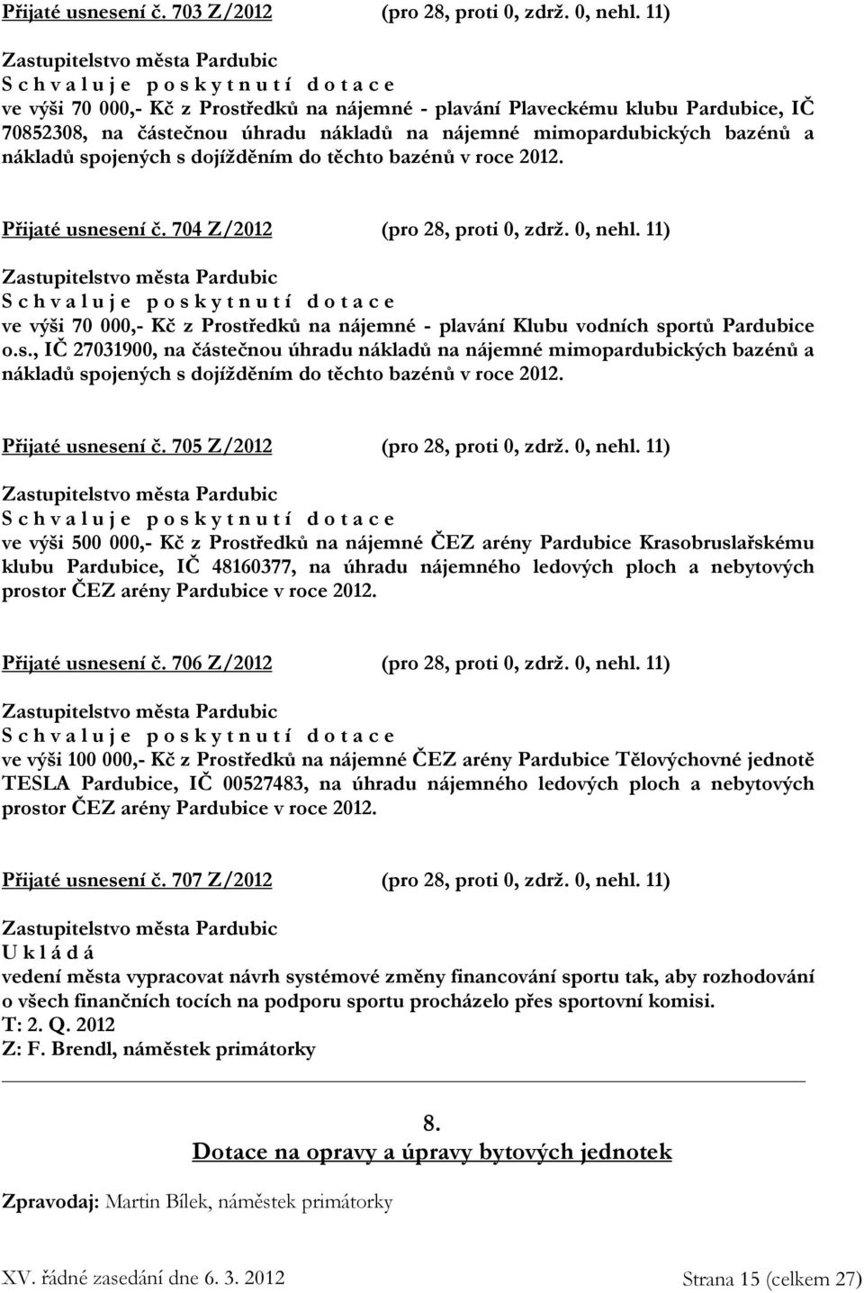 nákladů spojených s dojížděním do těchto bazénů v roce 2012. Přijaté usnesení č. 704 Z/2012 (pro 28, proti 0, zdrž. 0, nehl.