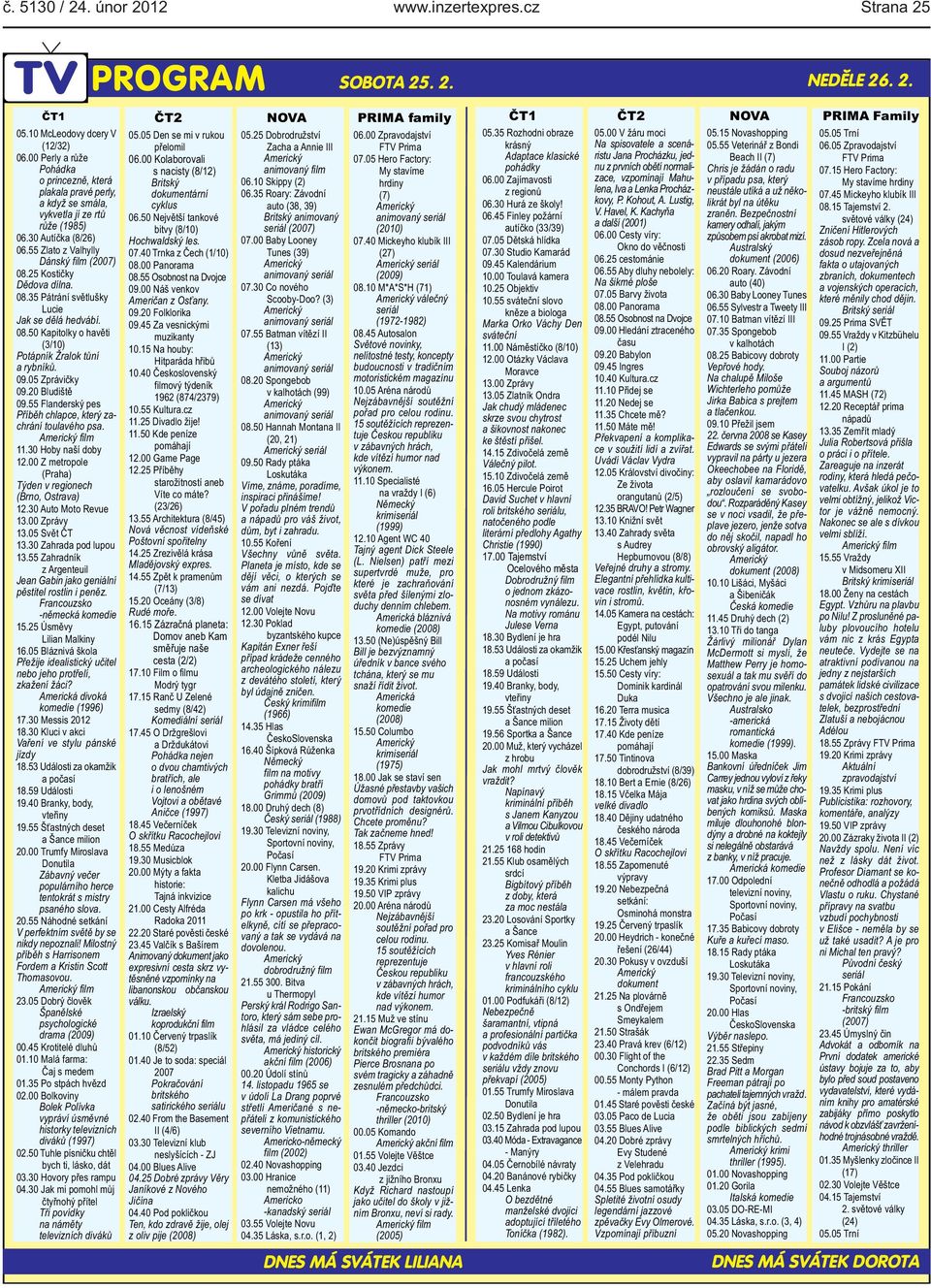 tůní a rybníků 0905 Zprávičky 0920 Bludiště 0955 Flanderský pes Příběh chlapce, který zachrání toulavého psa film 1130 Hoby naší doby 1200 Z metropole (Praha) Týden v regionech (Brno, Ostrava) 1230