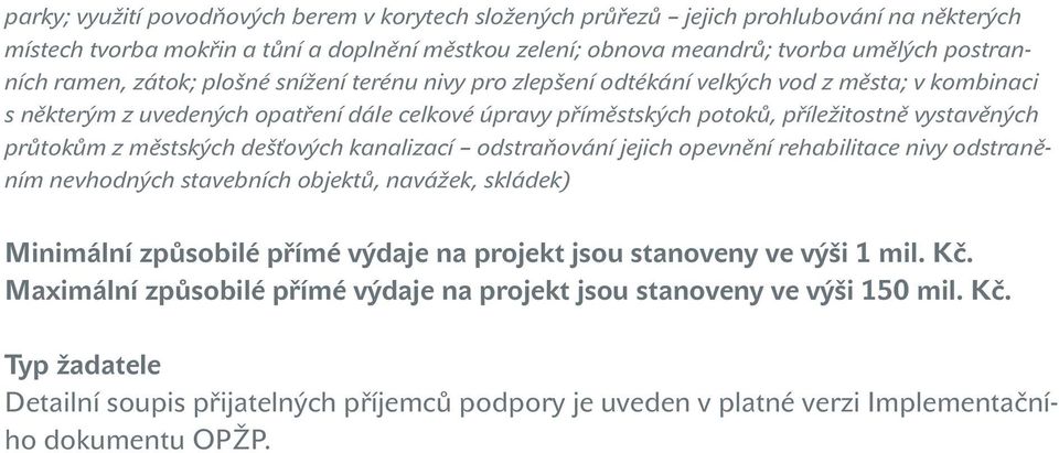 průtokům z městských dešťových kanalizací odstraňování jejich opevnění rehabilitace nivy odstraněním nevhodných stavebních objektů, navážek, skládek) Minimální způsobilé přímé výdaje na projekt jsou