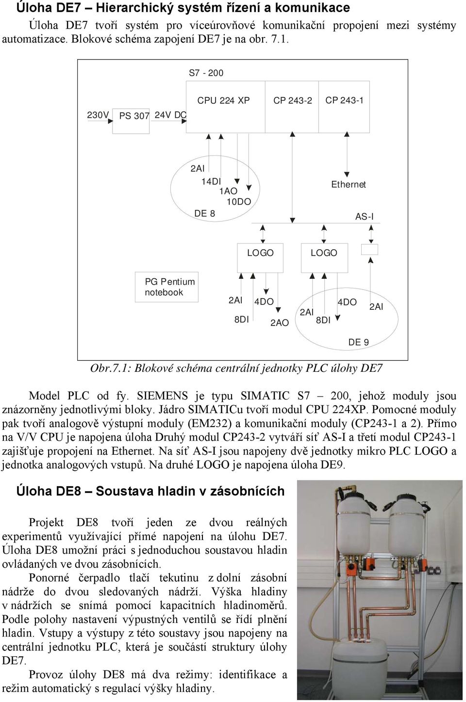 SIEMENS je typu S7 200, jehož moduly jsou znázorněny jednotlivými bloky. Jádro u tvoří modul CPU 224XP. Pomocné moduly pak tvoří analogově výstupní moduly (EM232) a komunikační moduly (CP243-1 a 2).