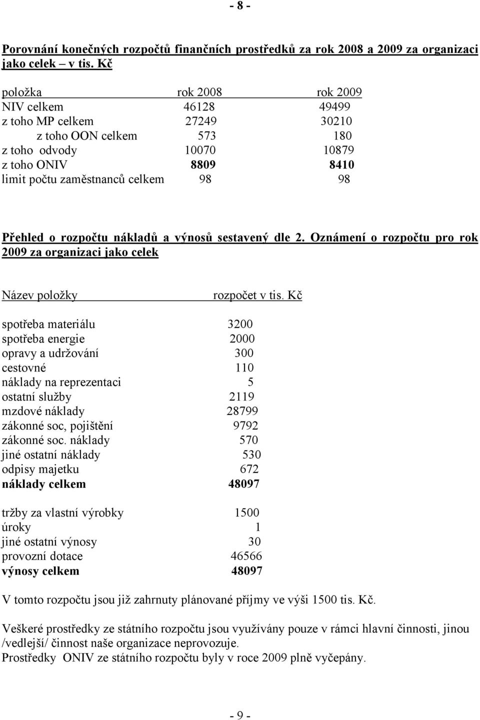 o rozpočtu nákladů a výnosů sestavený dle 2. Oznámení o rozpočtu pro rok 2009 za organizaci jako celek Název položky rozpočet v tis.