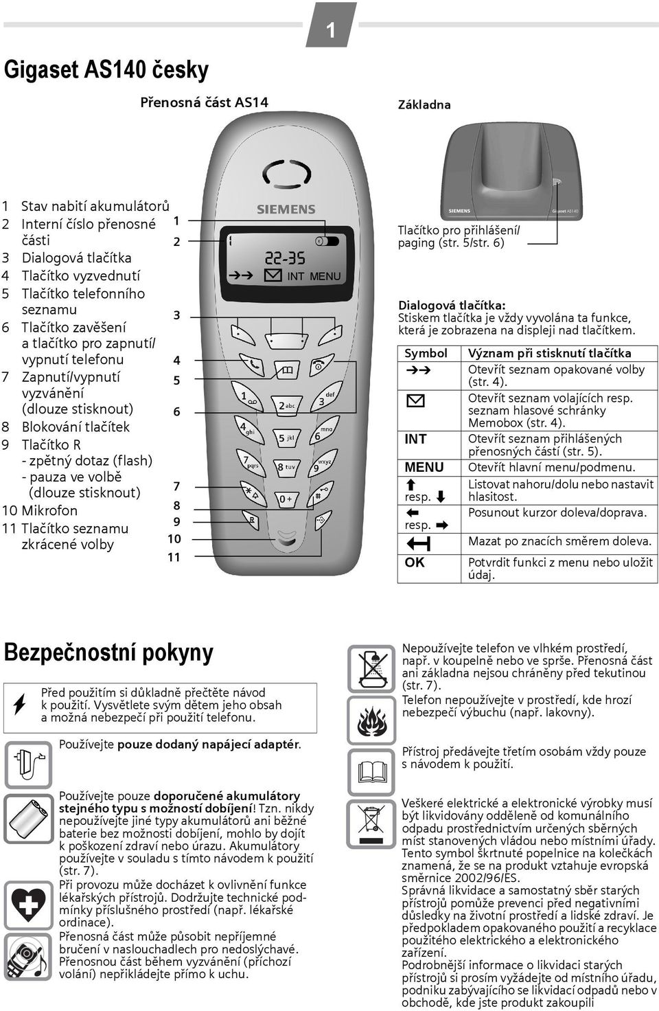 Mikrofon 7 8 9 11 Tlačítko seznamu zkrácené volby 10 11 1 V 22-35 ÞÜ INT MENU Tlačítko pro přihlášení/ paging (str. 5/str.