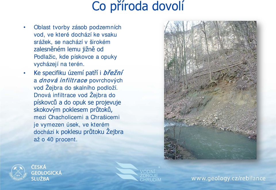 Ke specifiku území patří i břežní a dnová infiltrace povrchových vod Žejbra do skalního podloží.