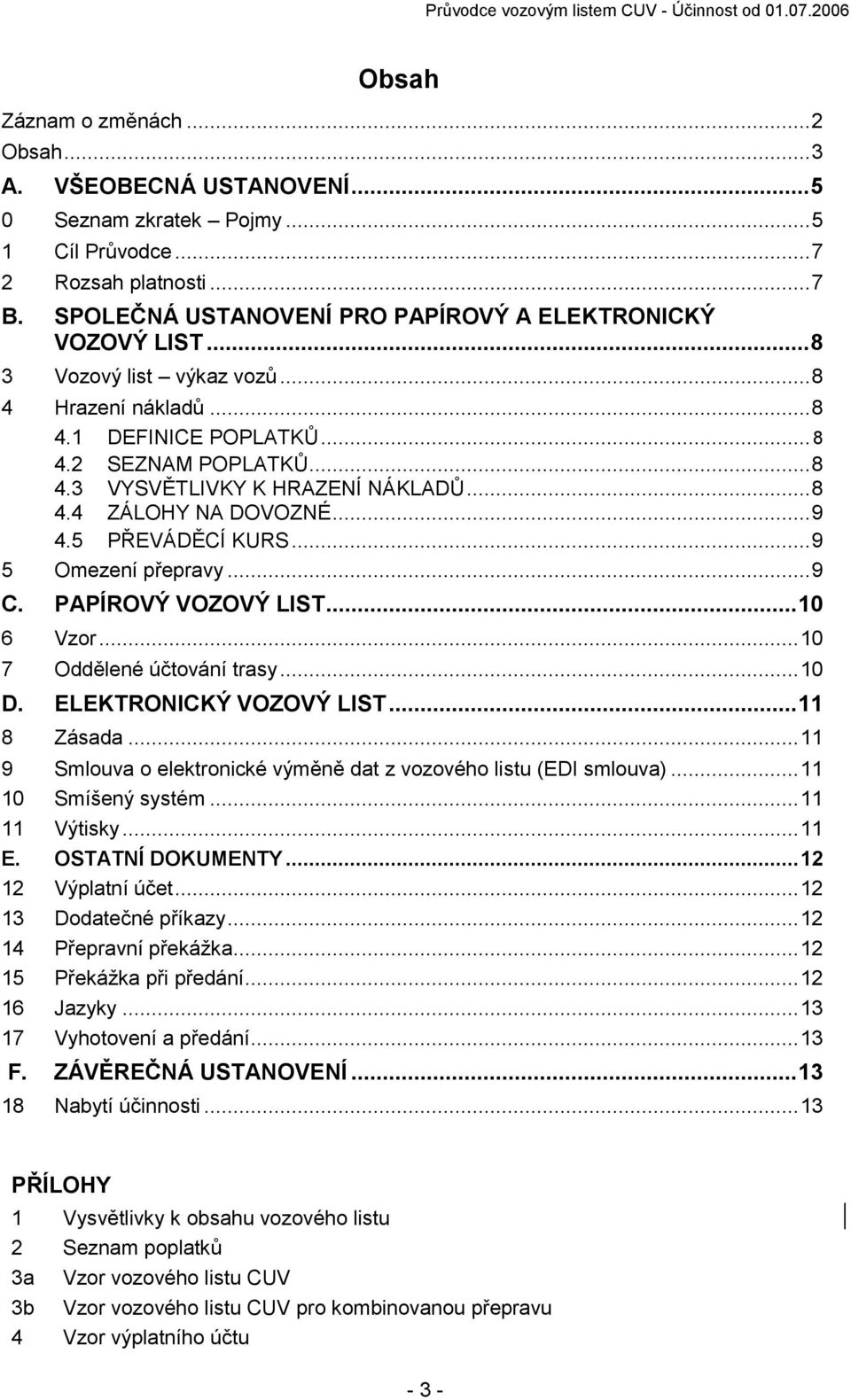 .. 8 4.4 ZÁLOHY NA DOVOZNÉ... 9 4.5 PŘEVÁDĚCÍ KURS... 9 5 Omezení přepravy... 9 C. PAPÍROVÝ VOZOVÝ LIST... 10 6 Vzor... 10 7 Oddělené účtování trasy... 10 D. ELEKTRONICKÝ VOZOVÝ LIST... 11 8 Zásada.