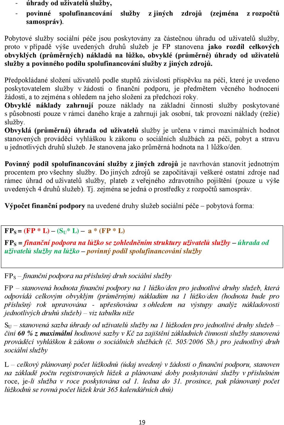 nákladů na lůžko, obvyklé (průměrné) úhrady od uživatelů služby a povinného podílu spolufinancování služby z jiných zdrojů.