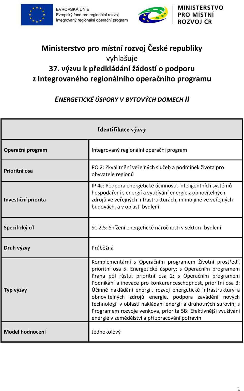 program Prioritní osa Investiční priorita PO 2: Zkvalitnění veřejných služeb a podmínek života pro obyvatele regionů IP 4c: Podpora energetické účinnosti, inteligentních systémů hospodaření s energií