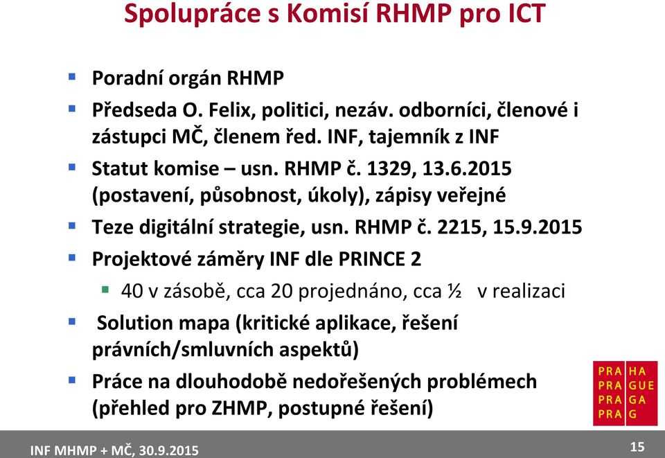 2015 (postavení, působnost, úkoly), zápisy veřejné Teze digitální strategie, usn. RHMP č. 2215, 15.9.