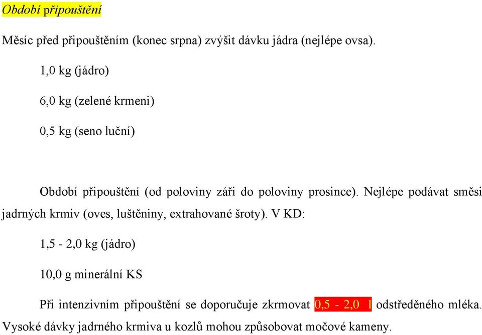 Nejlépe podávat směsi jadrných krmiv (oves, luštěniny, extrahované šroty).