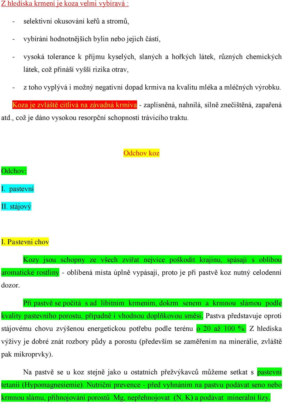 Koza je zvláště citlivá na závadná krmiva - zaplísněná, nahnilá, silně znečištěná, zapařená atd., což je dáno vysokou resorpční schopností trávicího traktu. Odchov koz Odchov: I. pastevní II.