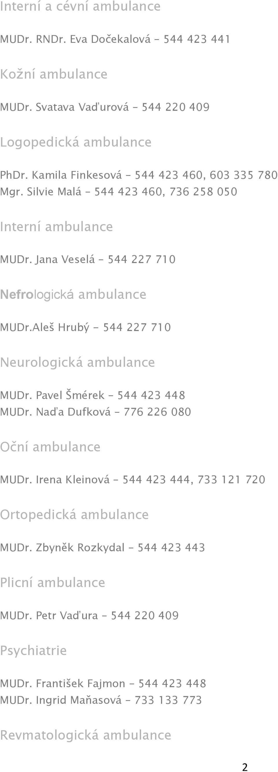 Aleš Hrubý - 544 227 710 Neurologická ambulance MUDr. Pavel Šmérek 544 423 448 MUDr. Naďa Dufková 776 226 080 Oční ambulance MUDr.