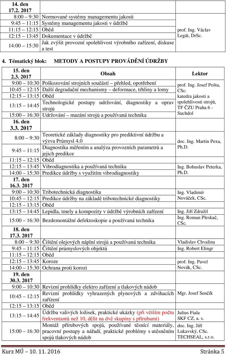 Ing. Václav 4. Tématický blok: METODY A POSTUPY PROVÁDĚNÍ ÚDRŽBY 15. den 2.3. 2017 9:00 10:30 Poškozování strojních součástí přehled, opotřebení prof. Ing.