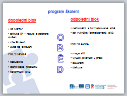 SLIDE 2: cíle: - seznámení s programem - nastavení časových bloků, časy přestávek - stručný úvod zdůvodnění praktického zaměření školení - zdůraznění společné práce, aktivit, diskuzí