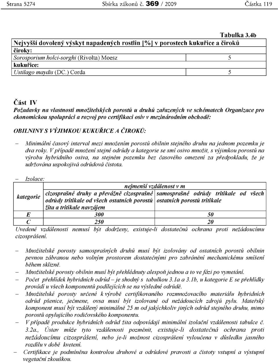 ) Corda I 5 Cast IV Poiadavky na vlastnosti mnoiitelskych porostu u druhu zaiazenych ve schematech Organizace pro ekonomickou spoluprdci a rozvoj pro certifikaci osiv v mezindrodnim obchode: