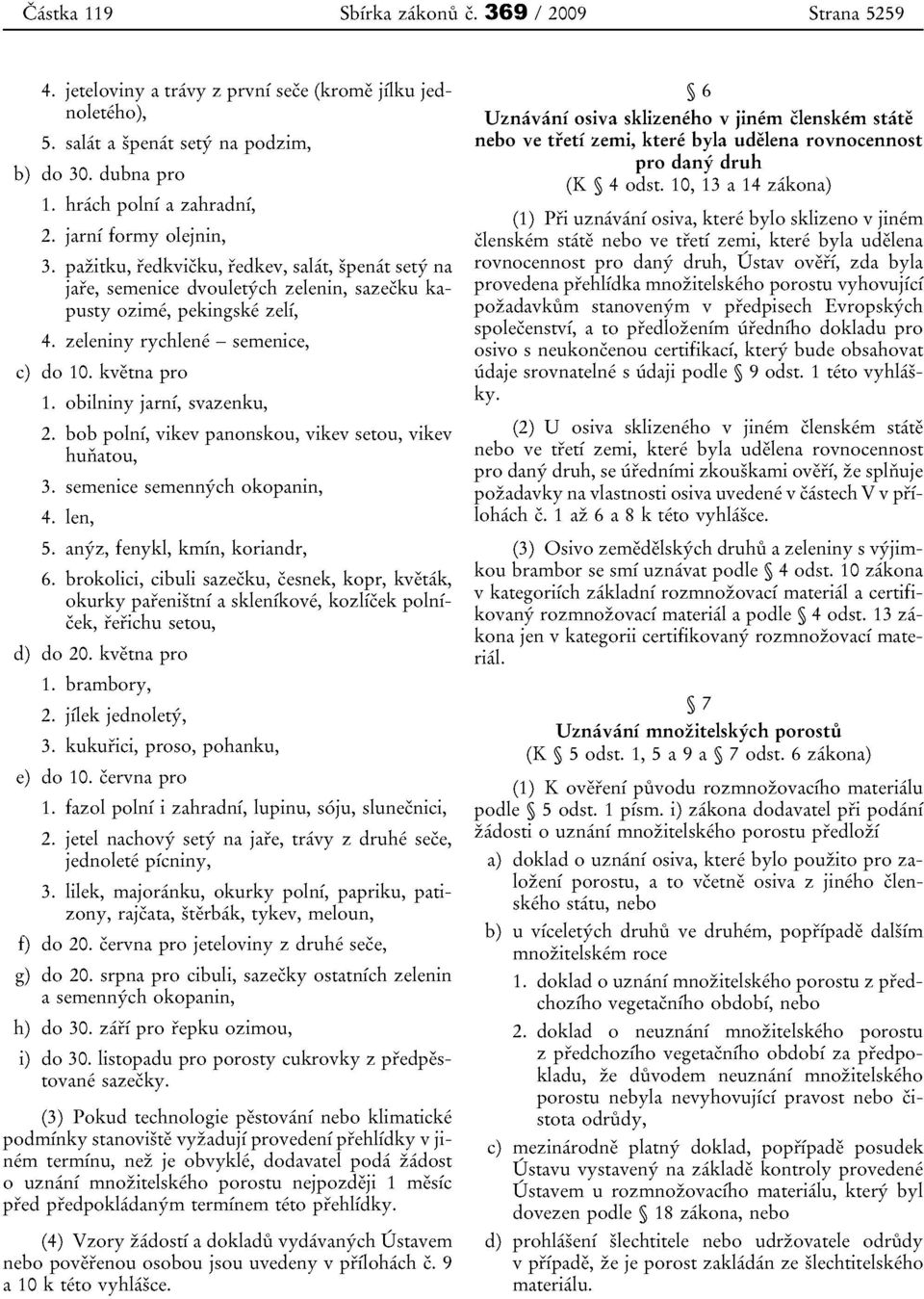 kvetna pro 1. obilniny jarni, svazenku, 2. bob polni, vikev panonskou, vikev setou, vikev huiiatou, 3. semenice sernennych okopanin, 4. len, 5. anyz, fenykl, kmin, koriandr, 6.
