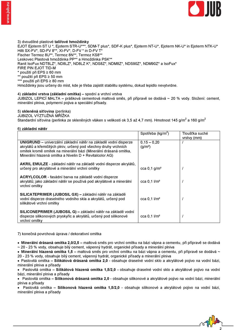 EJOT TID-M * použití při EPS 60 mm ** použití při EPS 50 mm *** použití při EPS 80 mm Hmoždinky jsou určeny do míst, kde je třeba zajistit stabilitu systému, dokud lepidlo nevytvrdne.