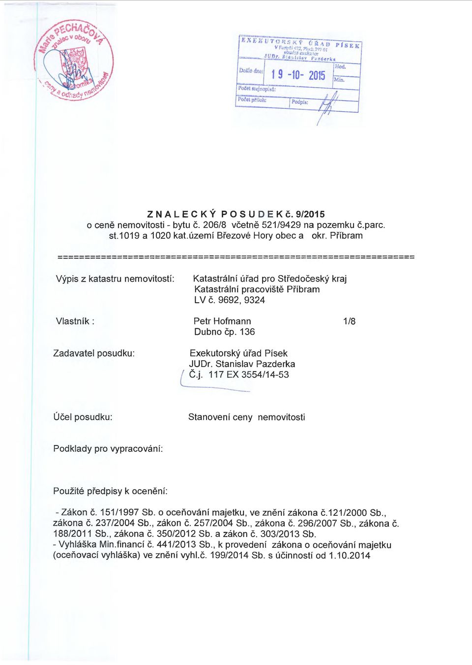 9692, 9324 Vlastník: Zadavatel psudku: Účel psudku: Petr Hfmann Dubn čp. 136 Exekutrský úřad Písek JUDr. Stanislav Pazderka {_ Č.j.