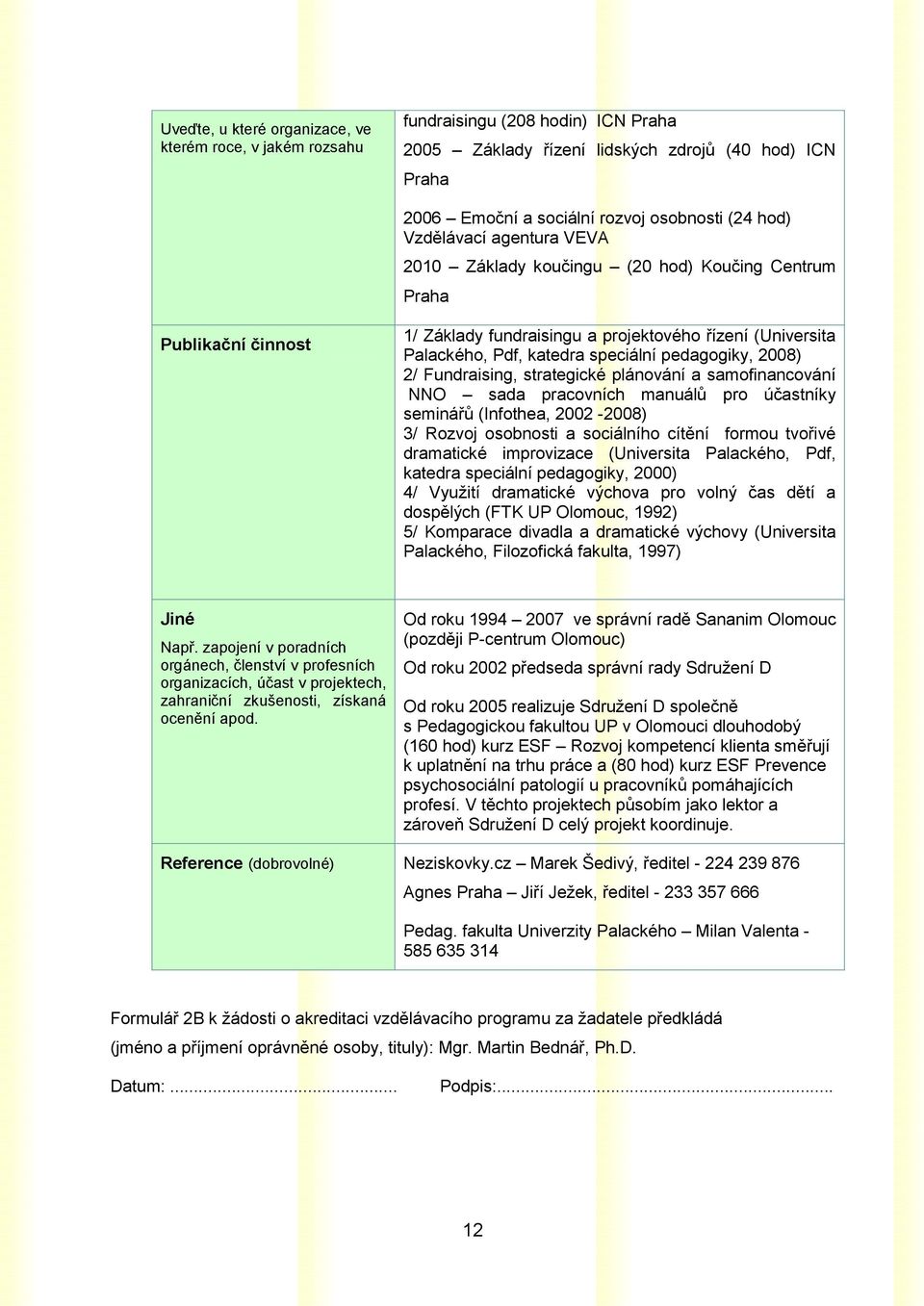 pedagogiky, 2008) 2/ Fundraising, strategické plánování a samofinancování NNO sada pracovních manuálů pro účastníky seminářů (Infothea, 2002-2008) 3/ Rozvoj osobnosti a sociálního cítění formou