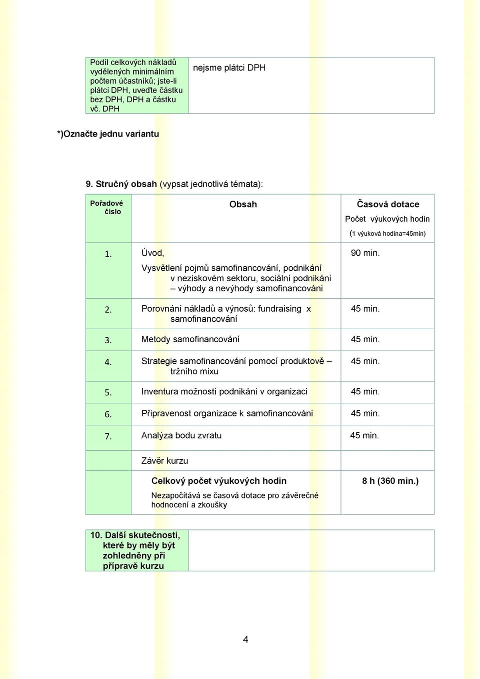 Úvod, Vysvětlení pojmů samofinancování, podnikání v neziskovém sektoru, sociální podnikání výhody a nevýhody samofinancování 2. Porovnání nákladů a výnosů: fundraising x samofinancování 90 min. 3.