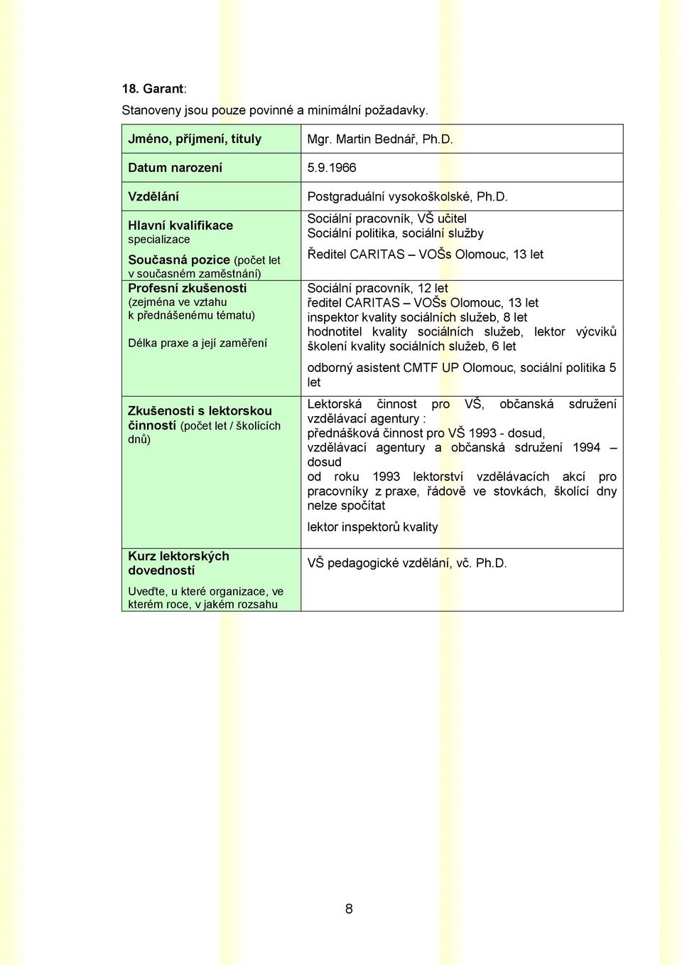 lektorskou činností (počet let / školících dnů) Kurz lektorských dovedností Uveďte, u které organizace, ve kterém roce, v jakém rozsahu Postgraduální vysokoškolské, Ph.D.