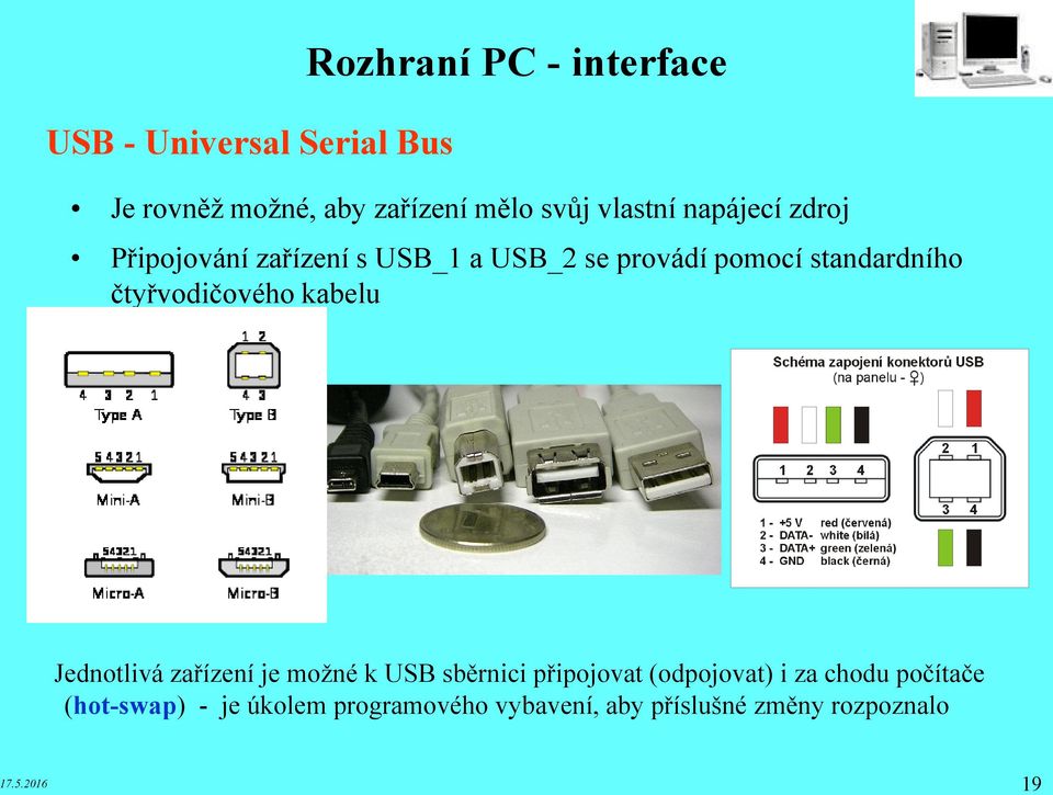 čtyřvodičového kabelu Jednotlivá zařízení je možné k USB sběrnici připojovat (odpojovat) i za