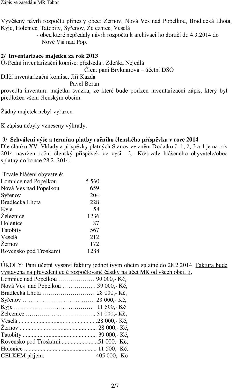 2/ Inventarizace majetku za rok 2013 Ústřední inventarizační komise: předseda : Zdeňka Nejedlá Člen: paní Bryknarová účetní DSO Dílčí inventarizační komise: Jiří Kazda Pavel Beran provedla inventuru