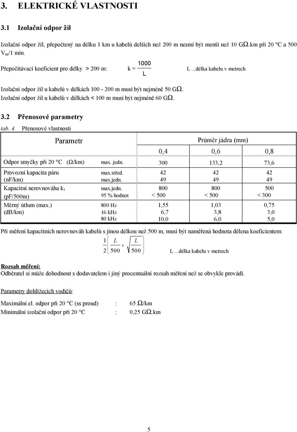 ..délka kabelu v metrech 3.2 Přenosové parametry tab. 4 Přenosové vlastnosti Parametr Průměr jádra (mm) 0,4 0,6 0,8 Odpor smyčky při 20 C (Ω/km) max. jedn.