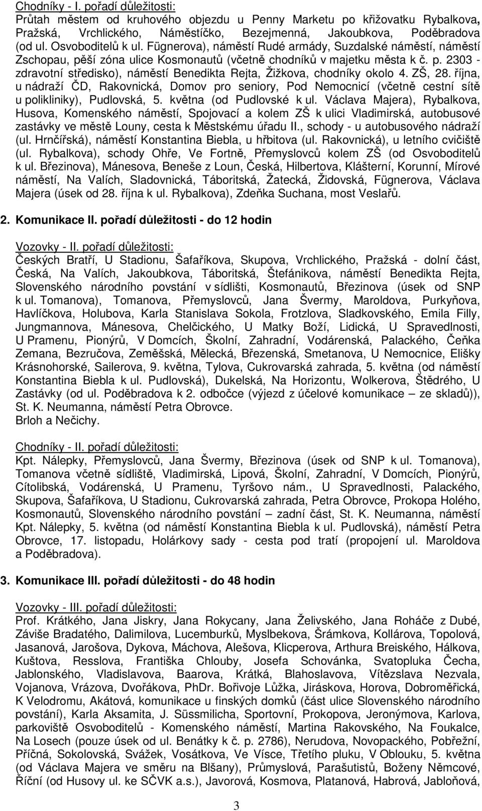 ZŠ, 28. října, u nádraží ČD, Rakovnická, Domov pro seniory, Pod Nemocnicí (včetně cestní sítě u polikliniky), Pudlovská, 5. května (od Pudlovské k ul.