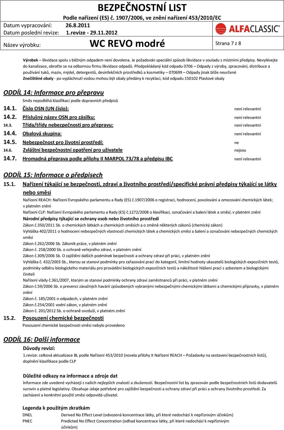 Předpokládaný kód odpadu 0706 Odpady z výroby, zpracování, distribuce a používání tuků, maziv, mýdel, detergentů, desinfekčních prostředků a kosmetiky 070699 Odpady jinak blíže neurčené Znečištěné