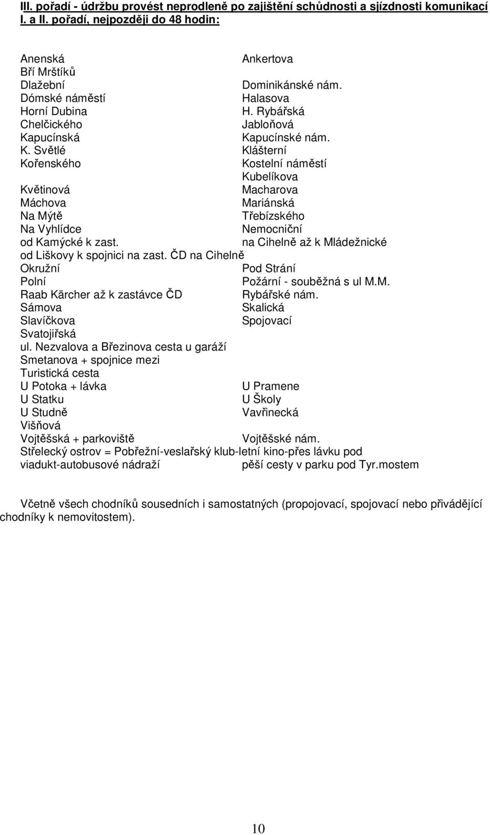 pucínská Kapucínské nám. K. Světlé Klášterní Kořenského Kostelní náměstí Kubelíkova Květinová Macharova Máchova Mariánská Na Mýtě Třebízského Na Vyhlídce Nemocniční od Kamýcké k zast.