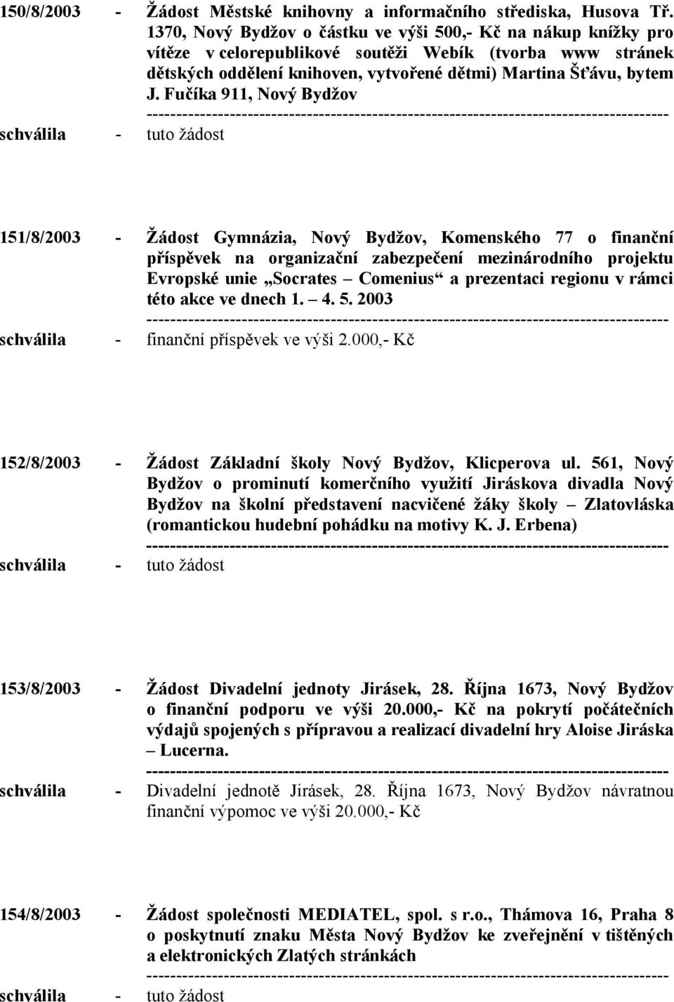 Fučíka 911, Nový Bydžov 151/8/2003 - Žádost Gymnázia, Nový Bydžov, Komenského 77 o finanční příspěvek na organizační zabezpečení mezinárodního projektu Evropské unie Socrates Comenius a prezentaci