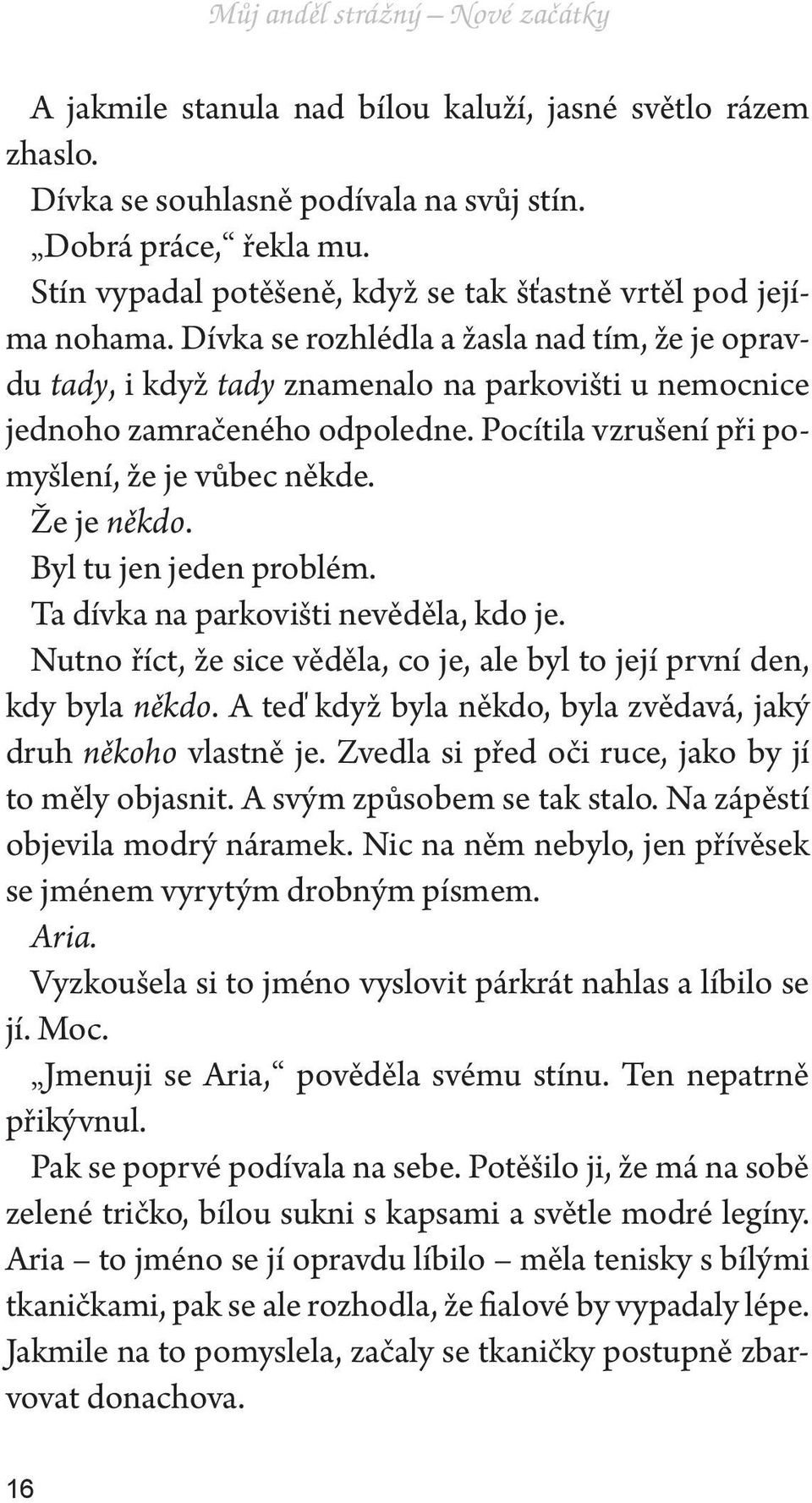 Dívka se rozhlédla a žasla nad tím, že je opravdu tady, i když tady znamenalo na parkovišti u nemocnice jednoho zamračeného odpoledne. Pocítila vzrušení při pomyšlení, že je vůbec někde. Že je někdo.