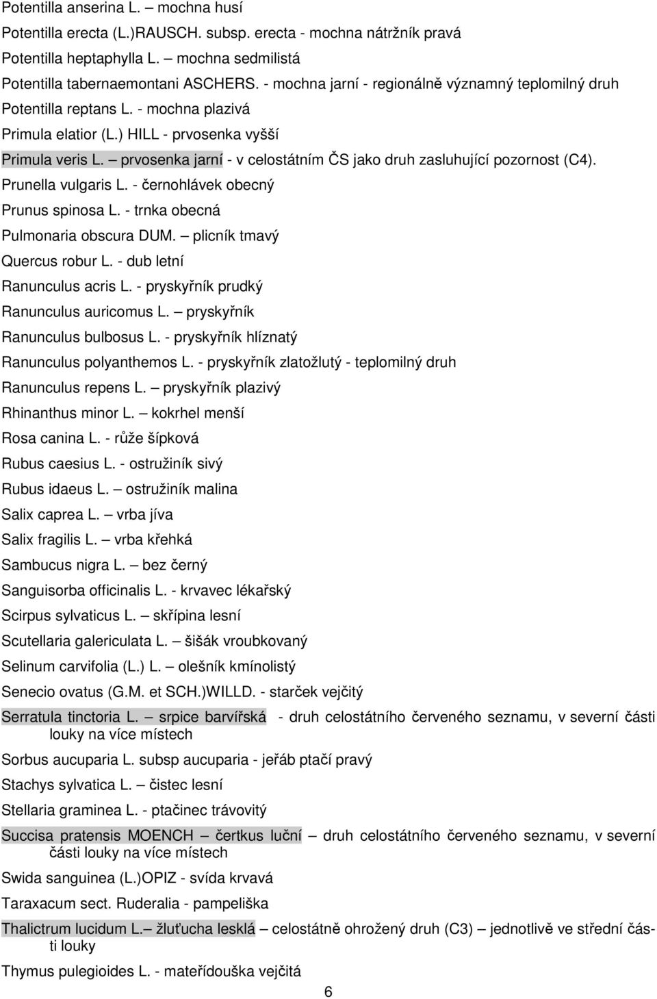 prvosenka jarní - v celostátním ČS jako druh zasluhující pozornost (C4). Prunella vulgaris L. - černohlávek obecný Prunus spinosa L. - trnka obecná Pulmonaria obscura DUM.