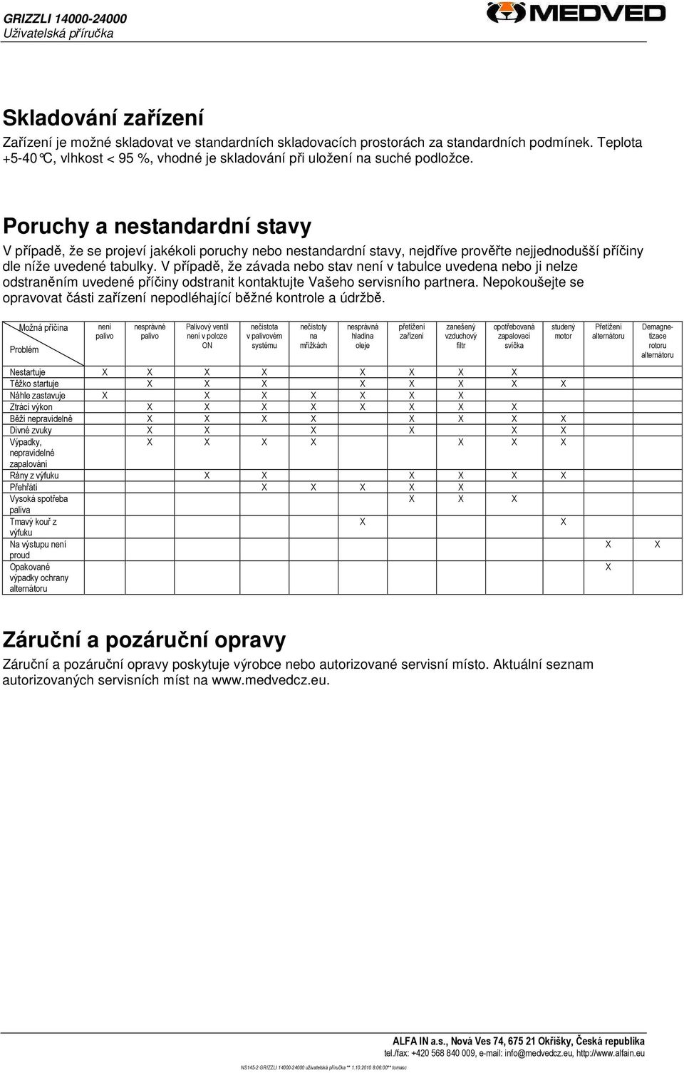 V případě, že závada nebo stav není v tabulce uvedena nebo ji nelze odstraněním uvedené příčiny odstranit kontaktujte Vašeho servisního partnera.